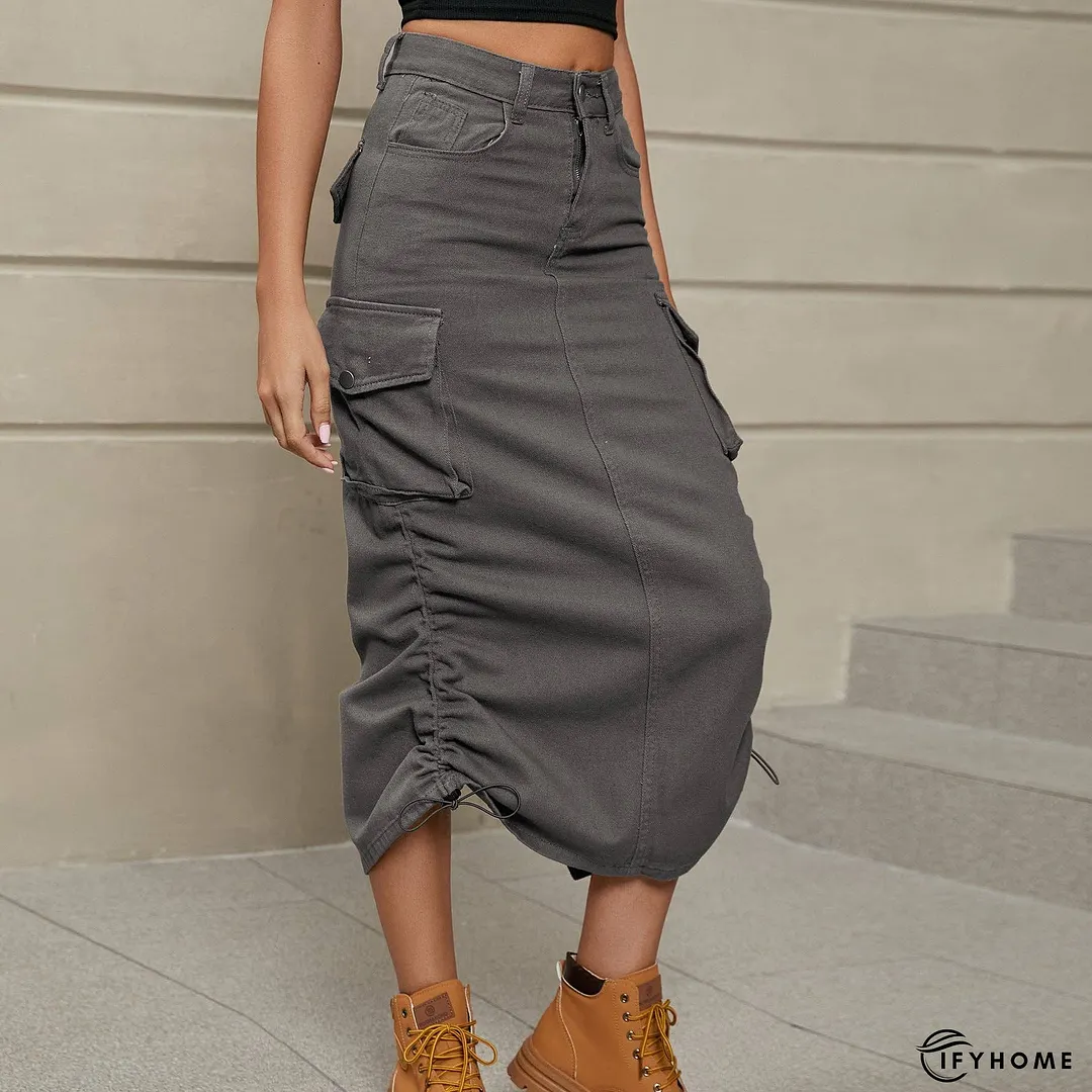 Drawstring Ruched Slit Denim Midi Skirt | IFYHOME