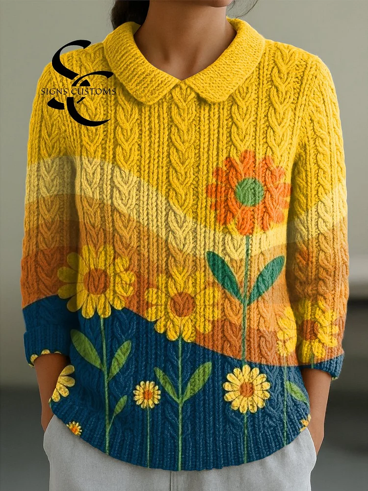Women's Beautiful Sunflower Flower Painting Art Print Casual Peter Pan Collar 3/4 Sleeve Sweater