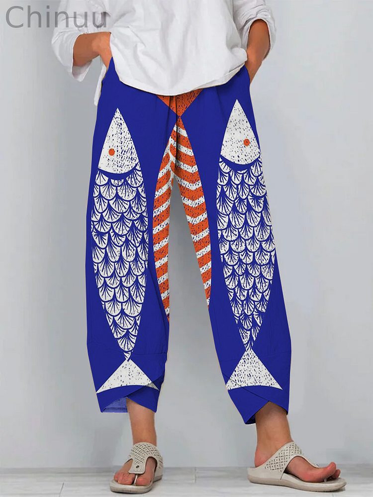 Japanese Purple Sardines Art Print Cropped Pants