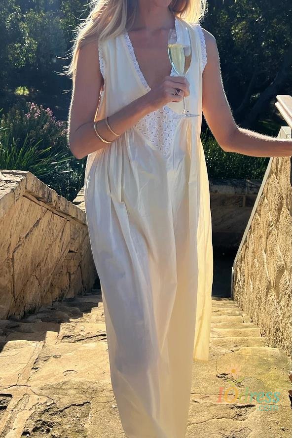 IO Dress Women Comfortable Casual Vintage Cotton Robe Dress Summer Solid Color V Neck Pullover Sleeveless Gown Hot Sale S M L IO Dress