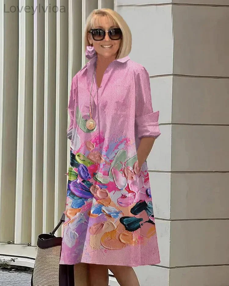 Spring and Summer Long Sleeve Pocket Shirt Dress