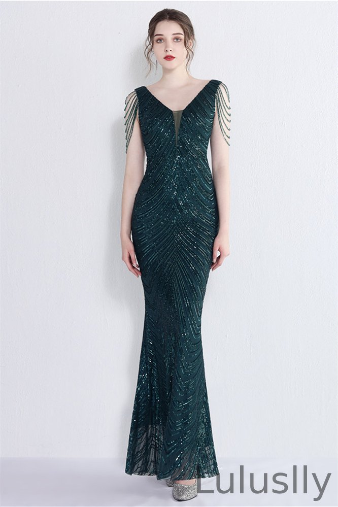 Luluslly V-Neck Mermaid Prom Dress Long Sequins With Drop Beads on Shoulder
