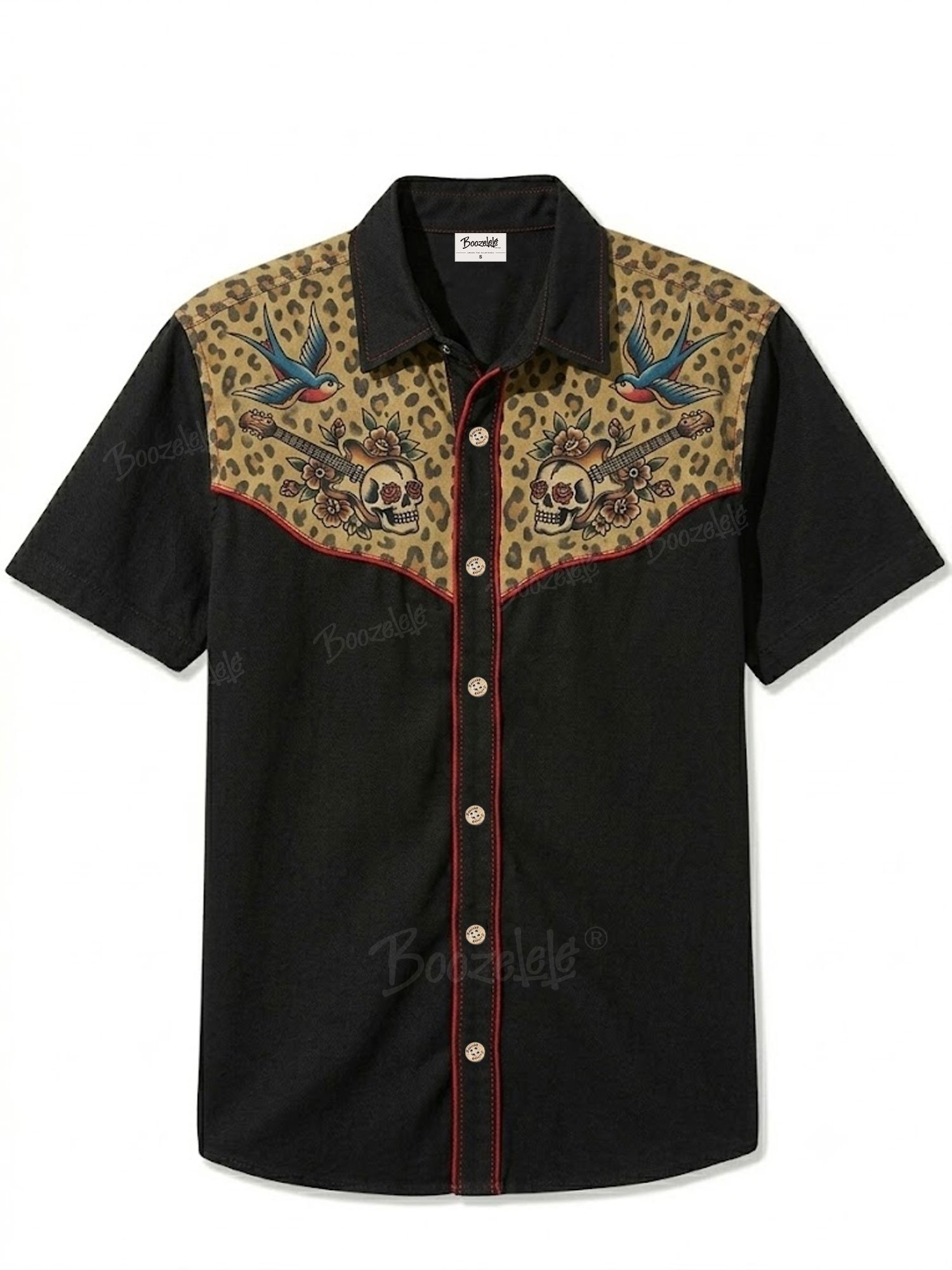 Best for Outlaw Cowgirl Bar Nights &mdash; 2026 Spring Summer Men's Vintage Leopard Yoke Red Piping Casual Blouse-100% Cotton