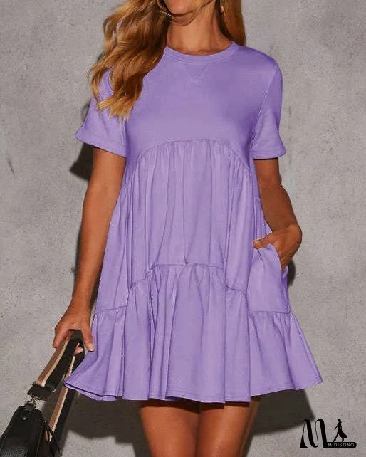 Casual Pockets Round Neck Pleated Loose Dress
