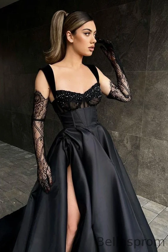 Bellasprom Black Straps Sweetheart Prom Dress Slit With Beads Same as Picture-US2