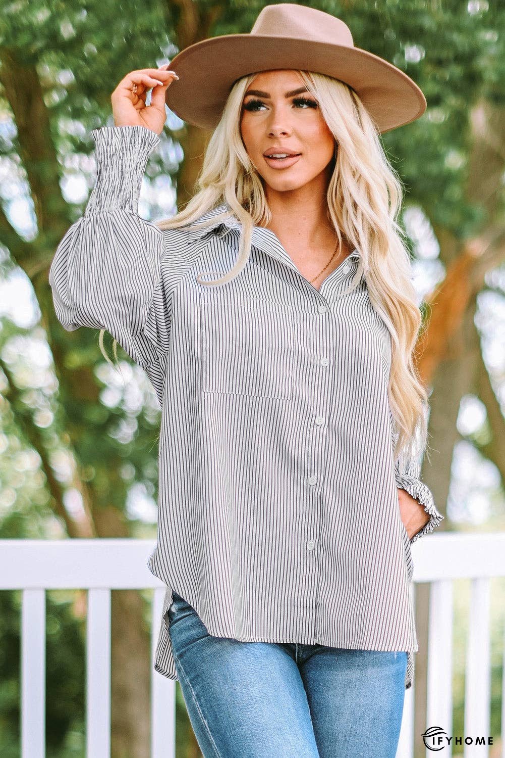 Striped Lantern Sleeve Collared Shirt | IFYHOME