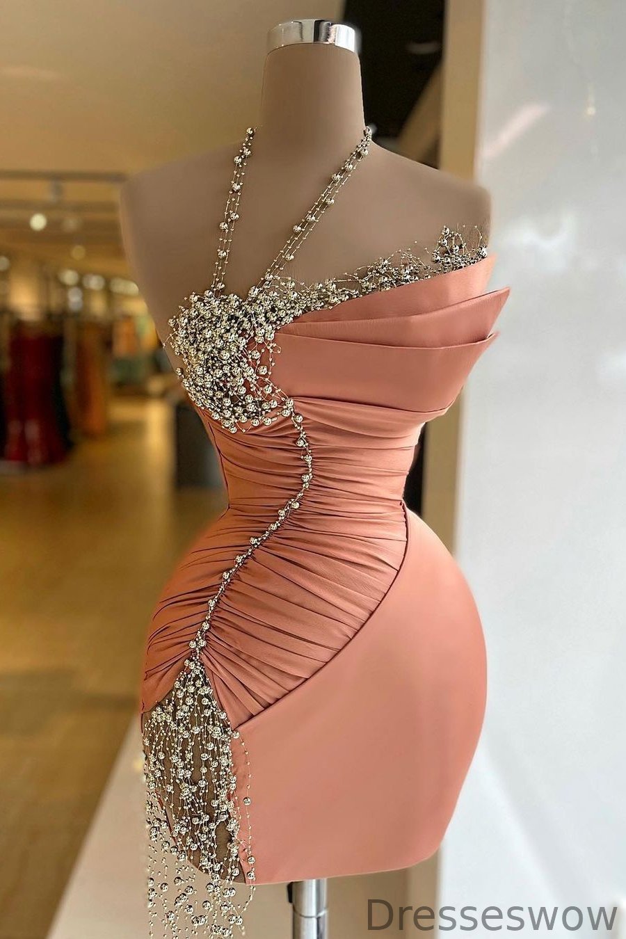 Dresseswow Light Coral Halter Sleeveless Short Formal Dresses With Beadings Online