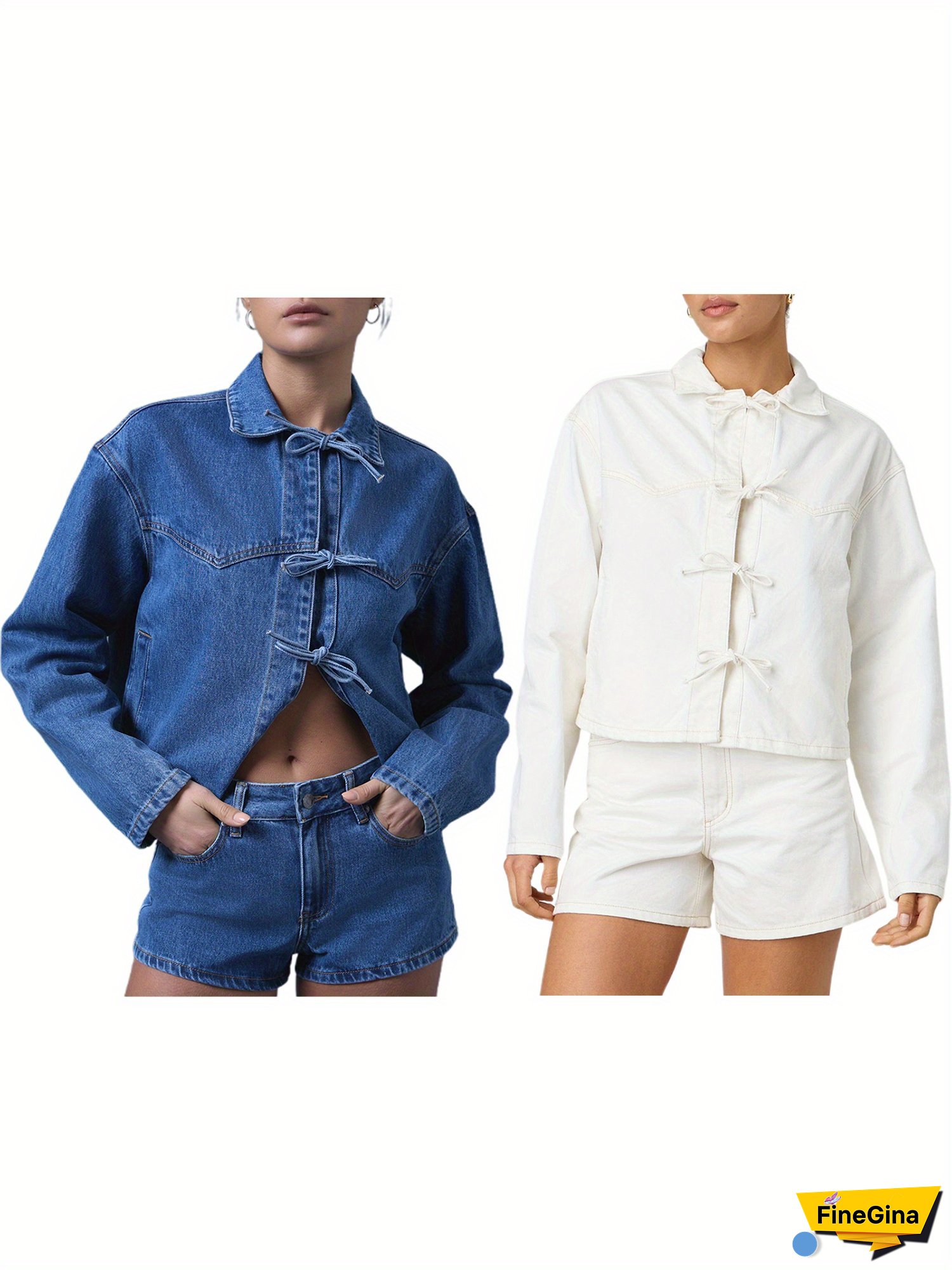 Women's Tie Front Denim Jacket - White Long Sleeve Casual Outerwear with Lapel Collar, Bow Detail, and Button-Up Front for Spring/Fall, Spring Jacket | Buttondown Jacket | Quality Casual Jacket