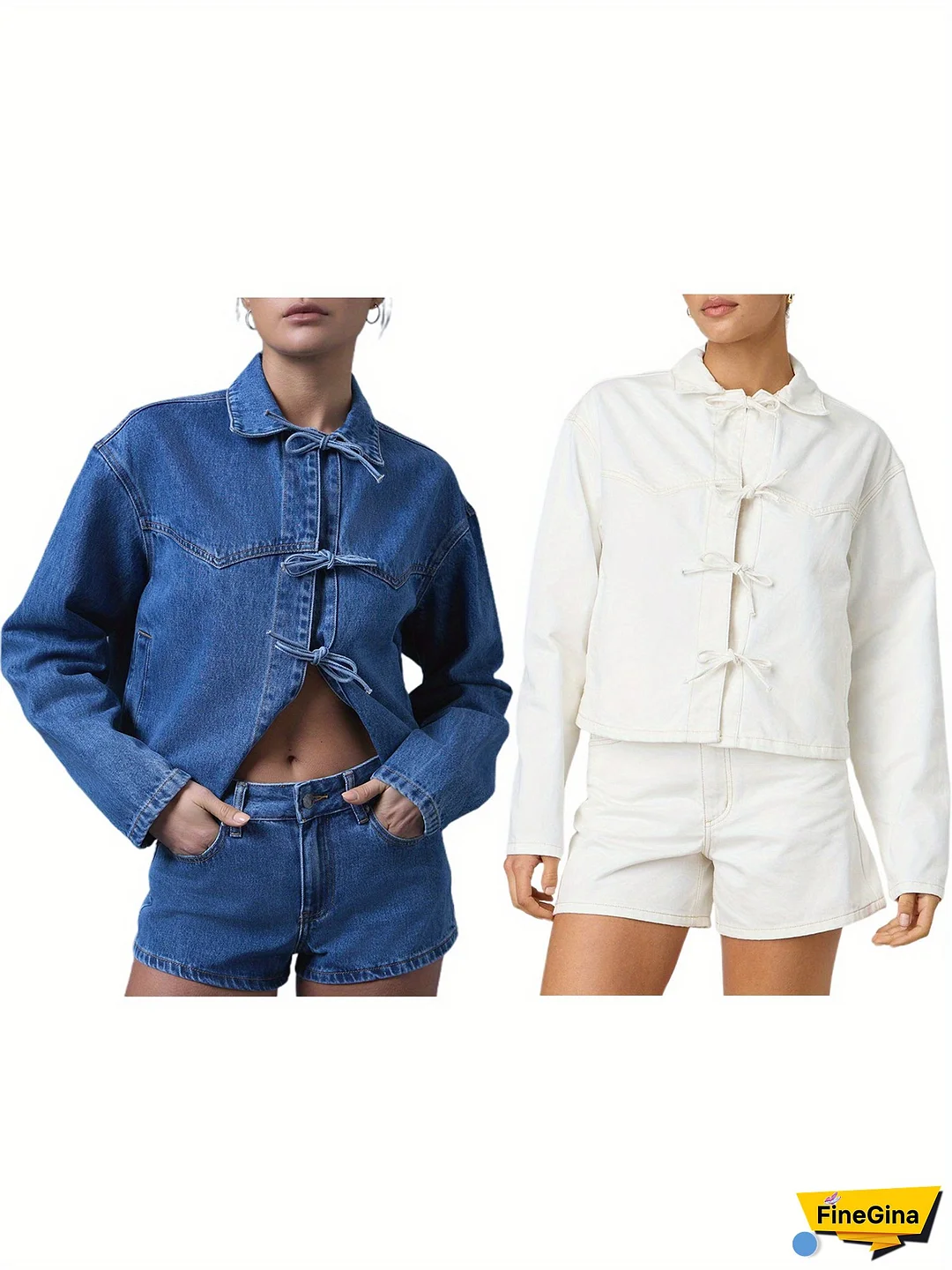 Women's Tie Front Denim Jacket - White Long Sleeve Casual Outerwear with Lapel Collar, Bow Detail, and Button-Up Front for Spring/Fall, Spring Jacket | Buttondown Jacket | Quality Casual Jacket