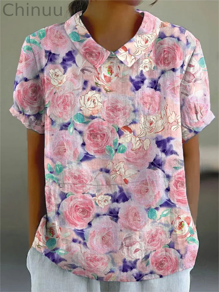 Women's Flower Print Casual Cotton And Linen Shirt