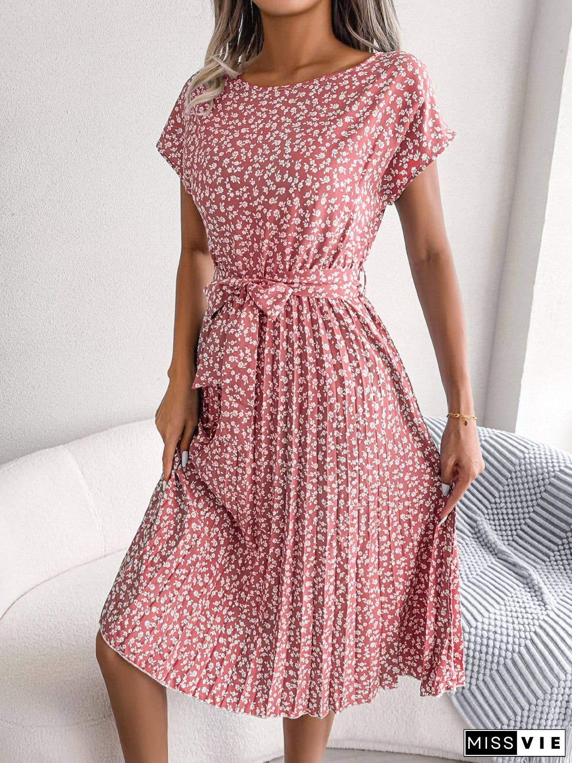 Ditsy Floral Pleated Belted Dress