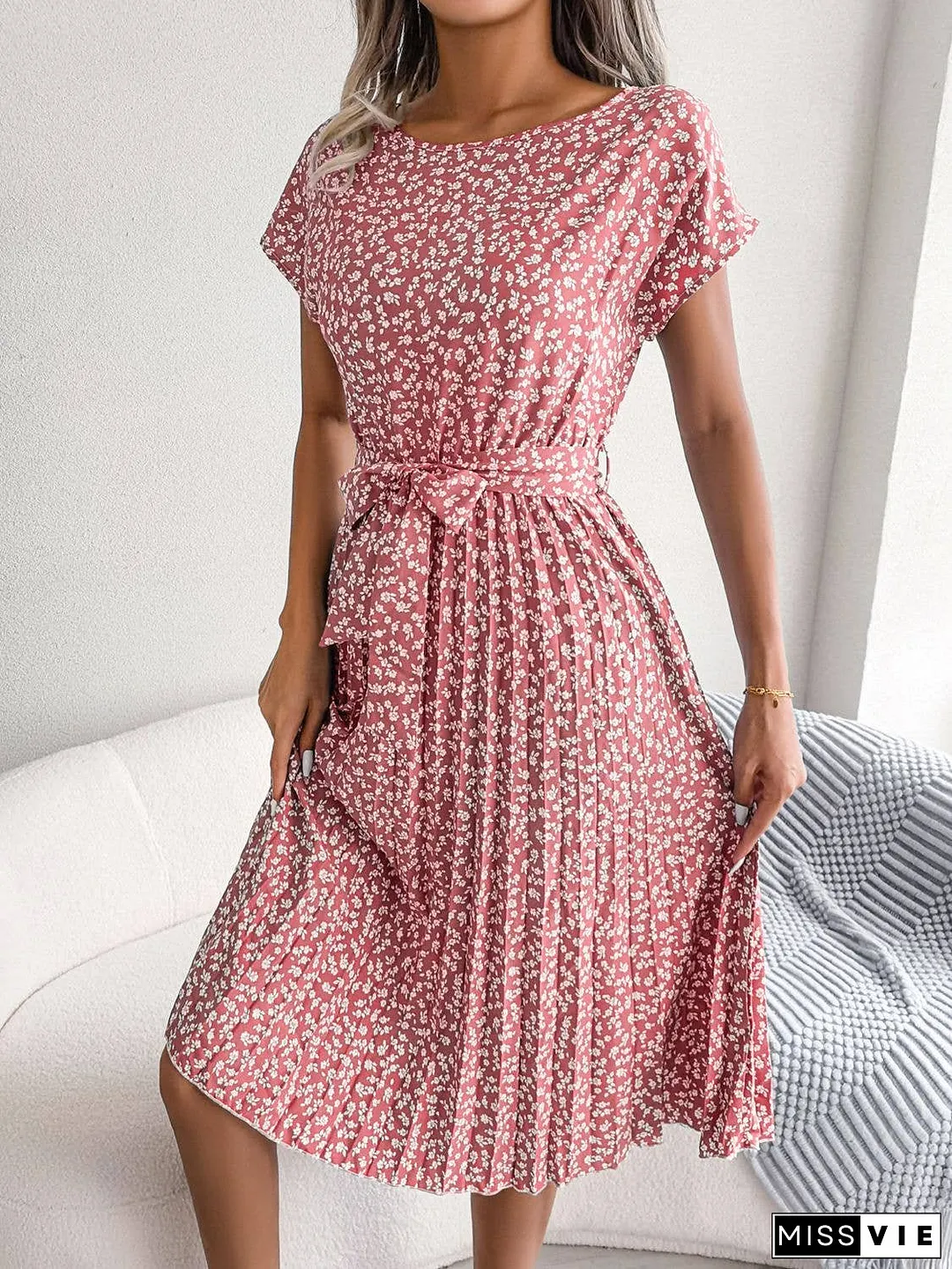 Ditsy Floral Pleated Belted Dress