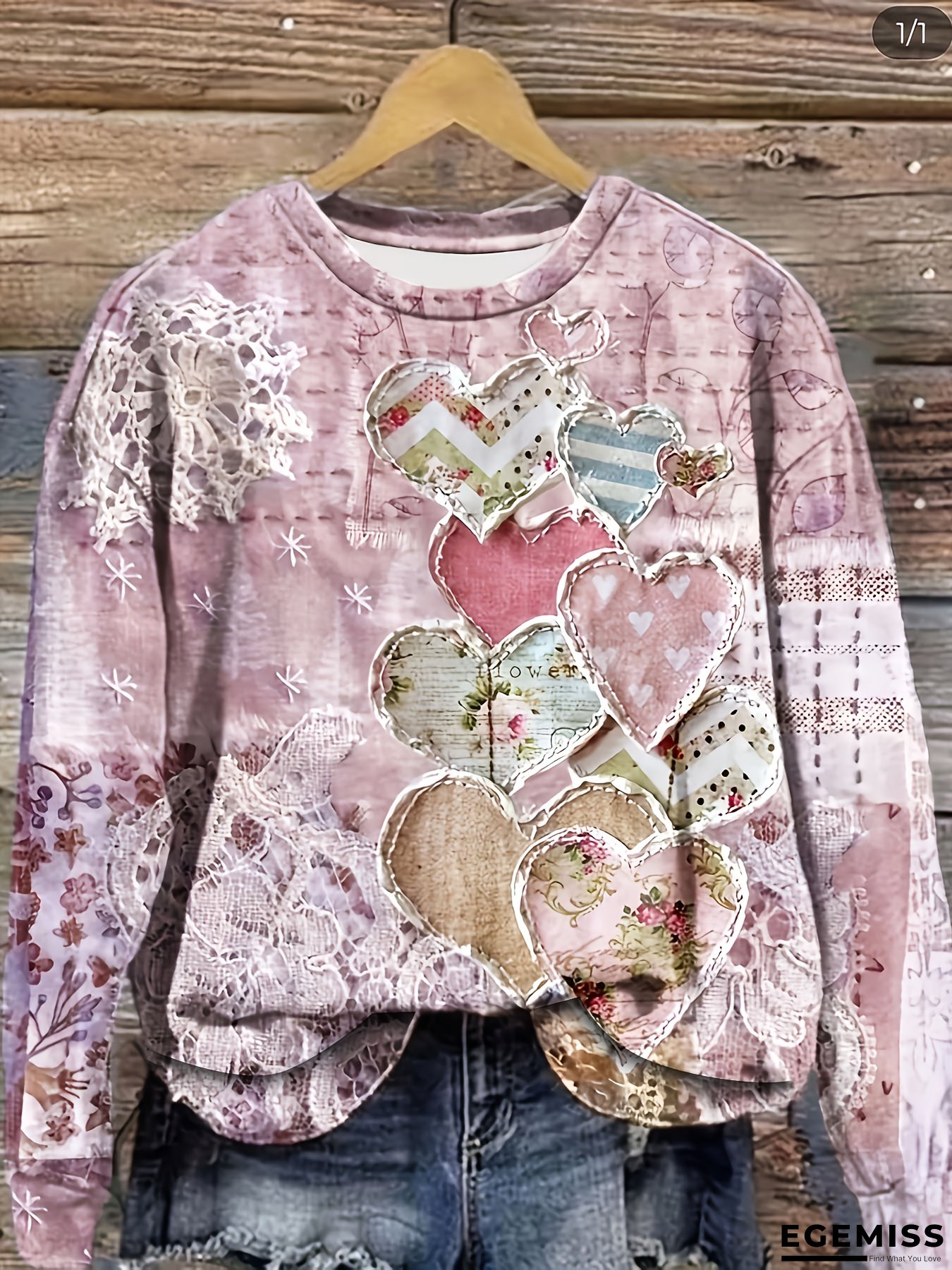 Women's Pink Casual Pullover Sweatshirt - Long Sleeve Round Neck Sweater with Pastel Heart Patterns, Machine Washable Everyday & Valentine's Day Outfit, Allseason Apparel, Digital Print Fabric | EGEMISS