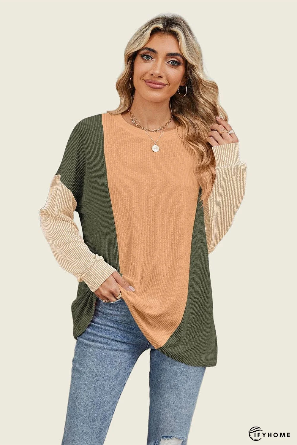 Double Take Texture Contrast Round Neck Long Sleeve T-Shirt | IFYHOME