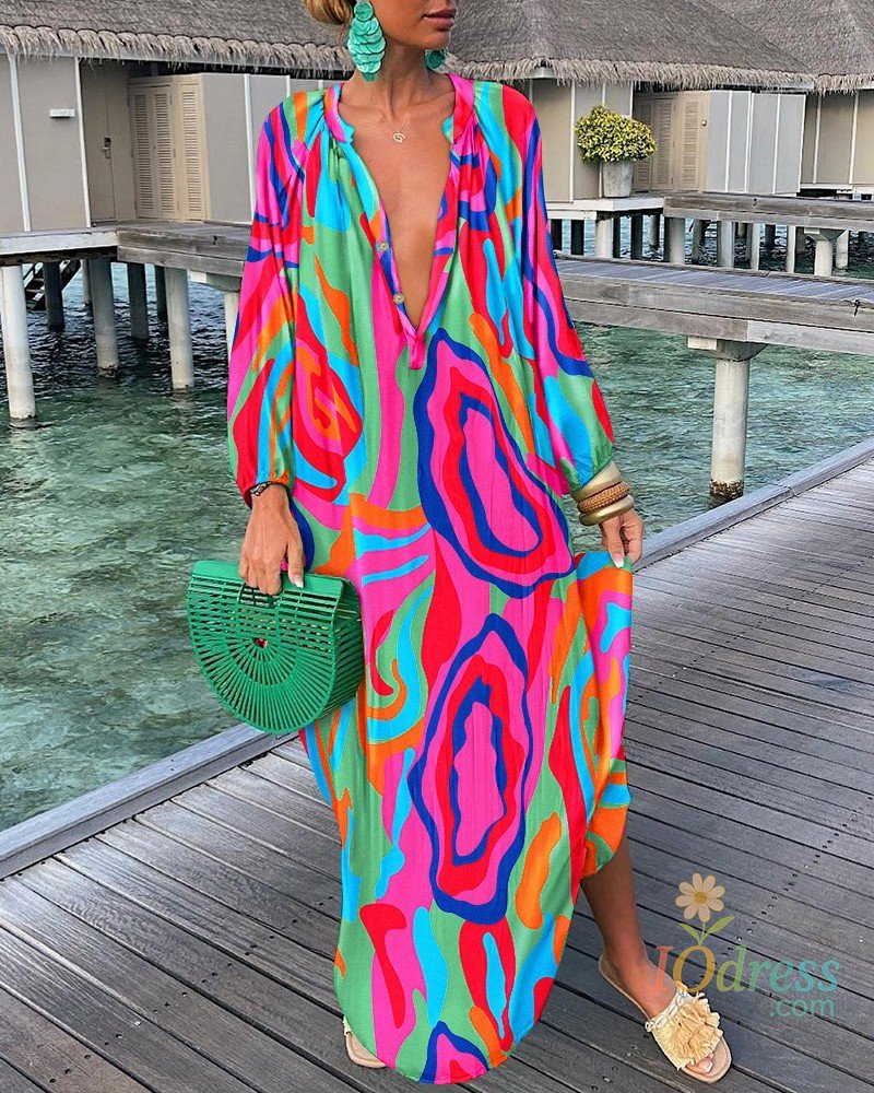 IO Dress Elegant Women's Maxi Dresses 2024 Summer Casual Fashion Retro Print V Neck Loose Boho Long Vacation Beach Dress Female Robes New