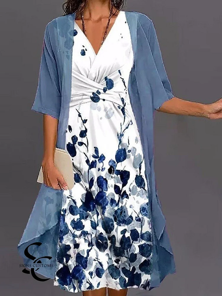 Floral Print V Neck Casual Regular Fit Two-Piece Dress