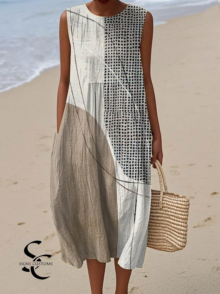 Women's Abstract Geometric Pattern Art Print Sleeveless Cotton Pocket Wrap Dress