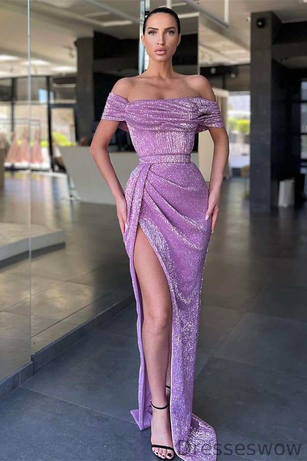 Dresseswow Lilac Off-the-Shoulder Sequins Mermaid Prom Dress Split Long