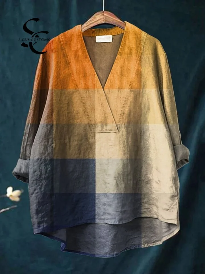 Women's Blue Orange Gradient Plaid Mosaic Art Print Casual Cotton And Linen V-neck Shirt