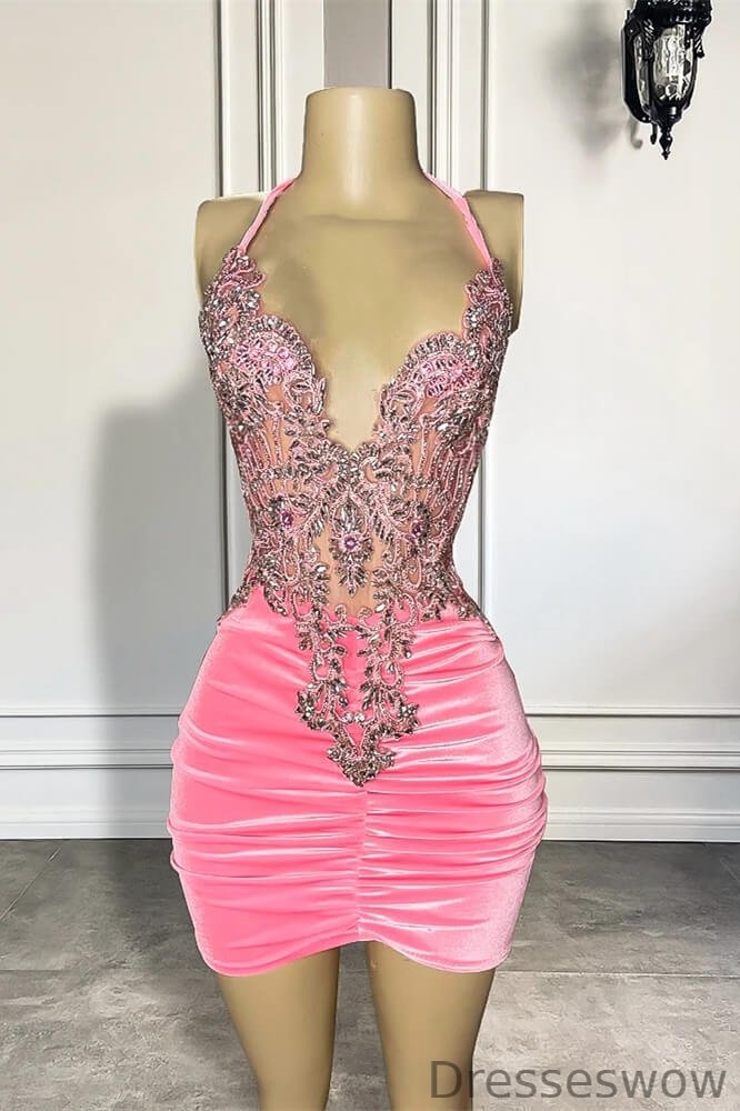 Dresseswow Pink Halter Sleeveless Short Evening Gowns With Beadings
