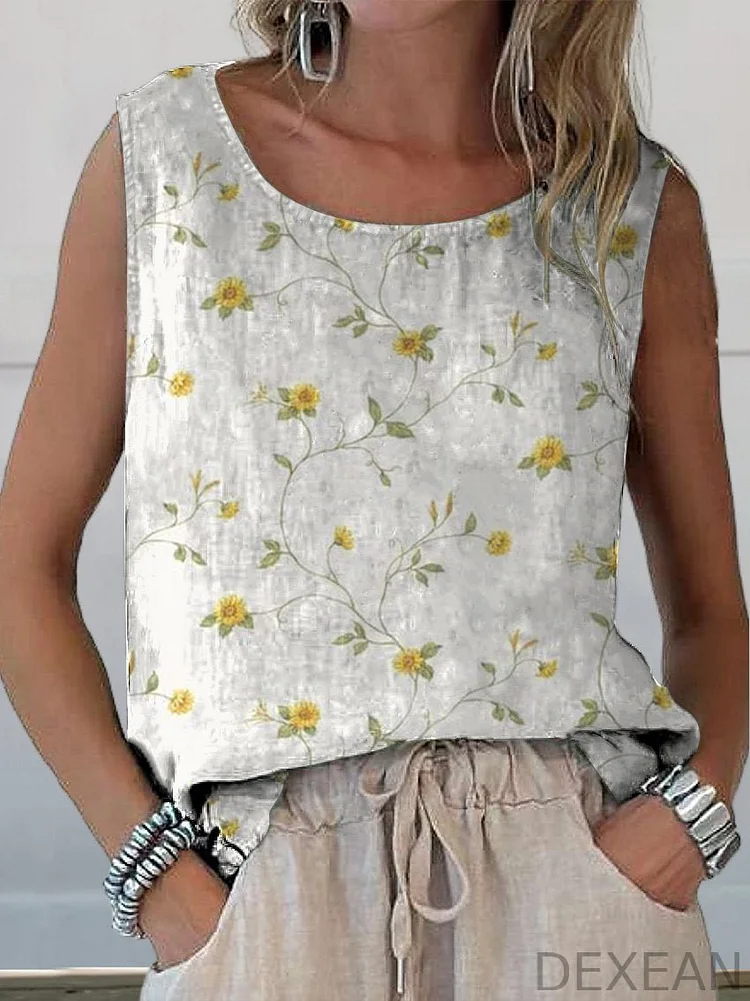 Women's Retro Floral Art Print Casual Cotton And Linen Tank Top