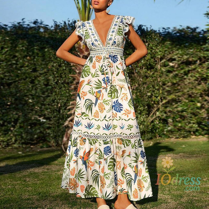 IO Dress 2025 Summer Elegant V-neck Draped Resort Dress Women Casual Sleeveless Swing Long Dress Fashion Floral Print Holiday Dress Mujer IO Dress