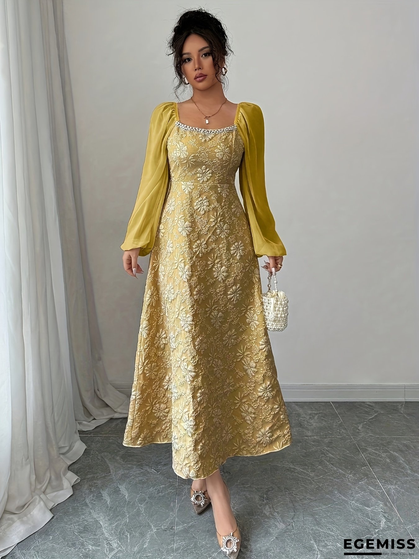 Women's Elegant Floral print A-Line dress - Long Formal & casual event gown, Machine Washable Women's Party Wedding Vacation Outfit, Date Night Outfit, Square Neckline Dress, Stylish Zipper Closure, Versatile Evening Wear | EGEMISS