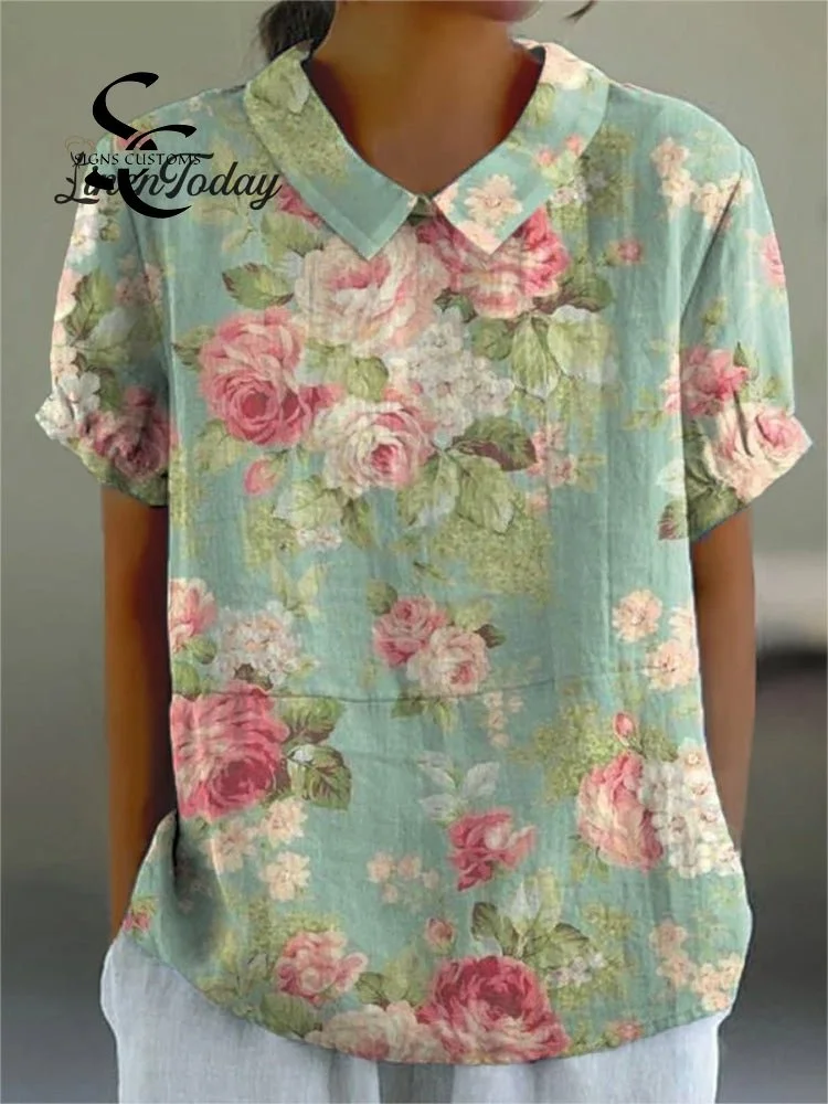Women's Retro Floral Art Print Casual Cotton And Linen Shirt