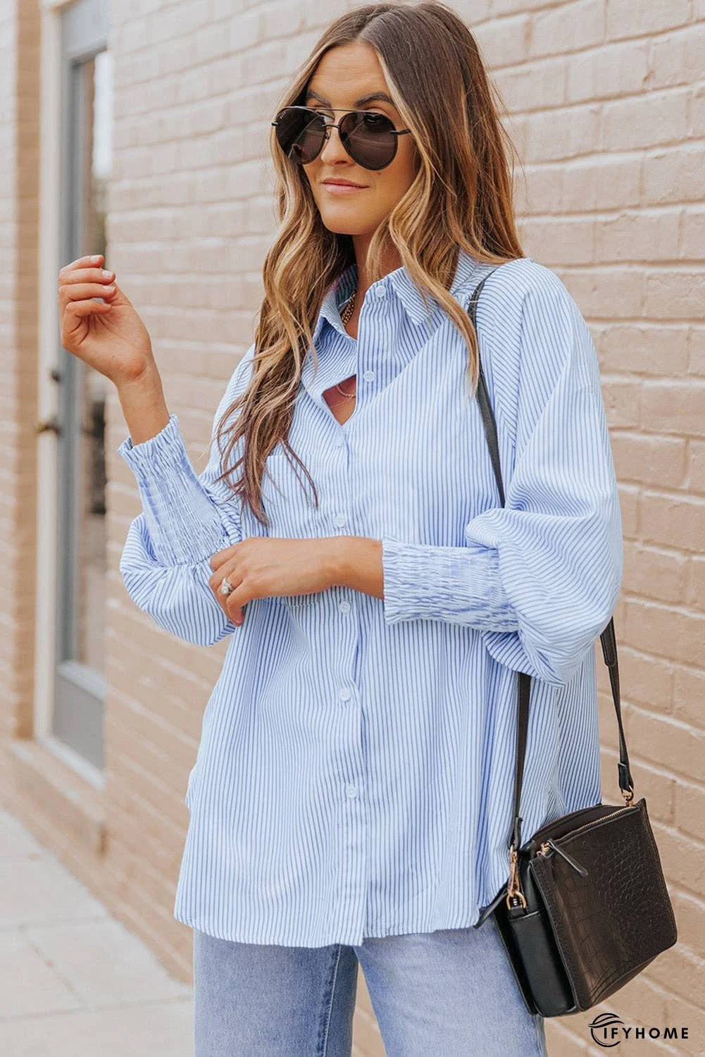 Striped Lantern Sleeve Collared Shirt | IFYHOME