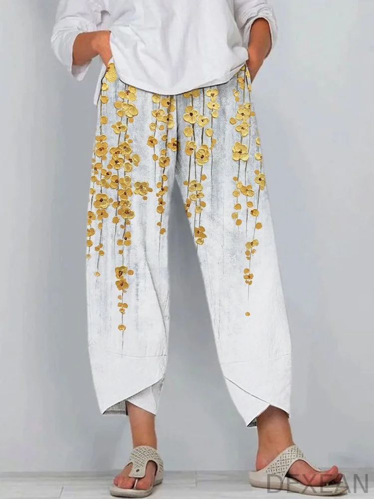 Gold Floral Embossed Art Print Linen Pants