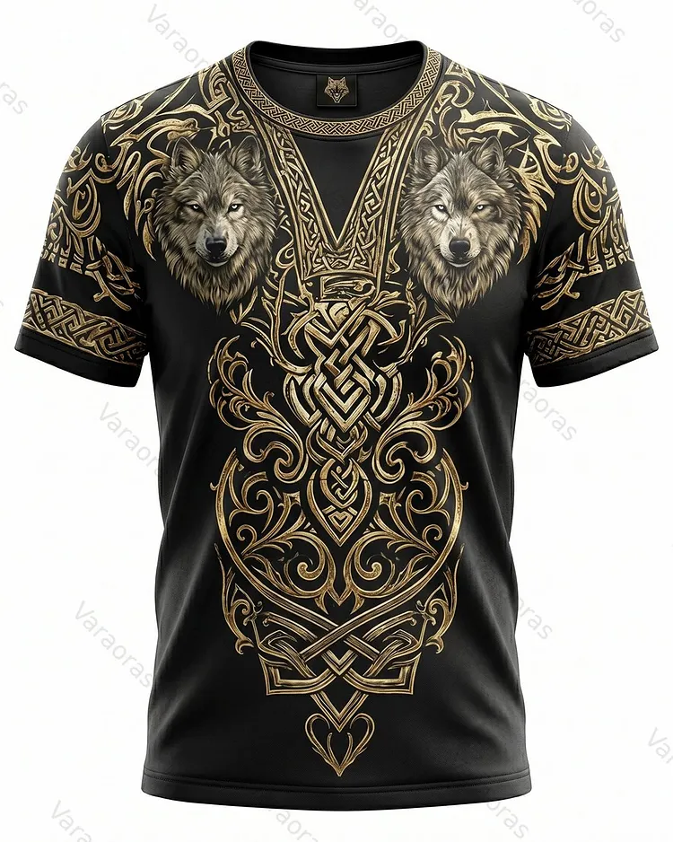 Men's Fashionable Viking Contrast Color Knot Wolf Print T-shirt 4963