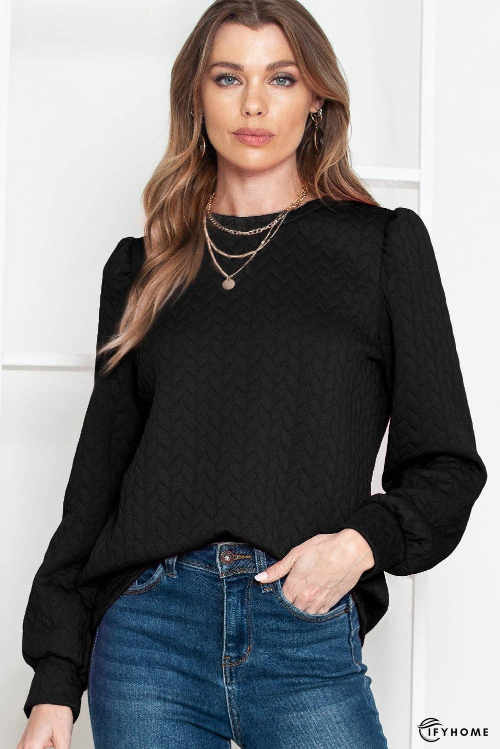 Rosy Waffle Quilted Puff Sleeve Sweatshirt | IFYHOME