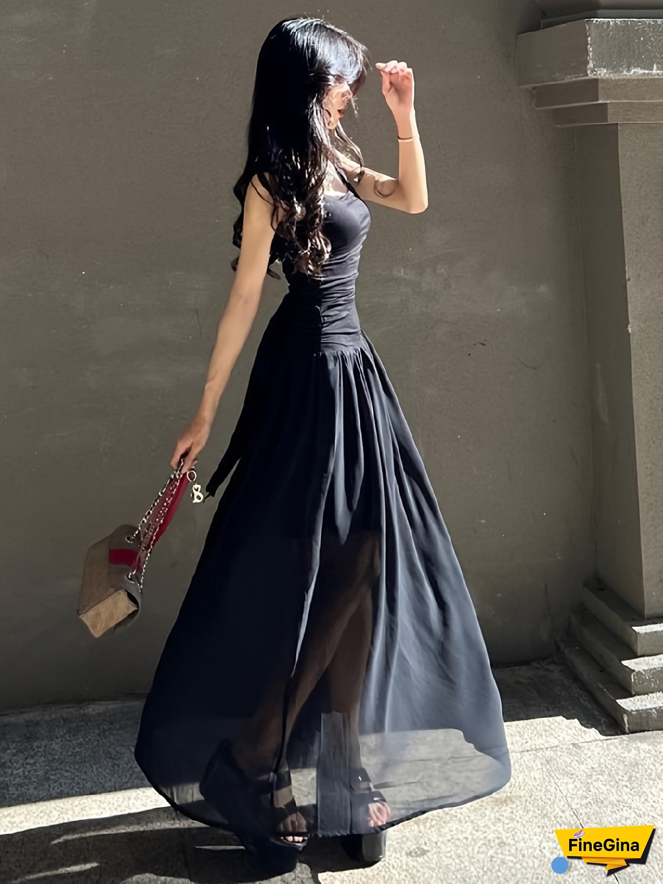 Women's Summer Long Cami Dress Black Square Neck Smocked Waist Flowy Hem Mesh Dress