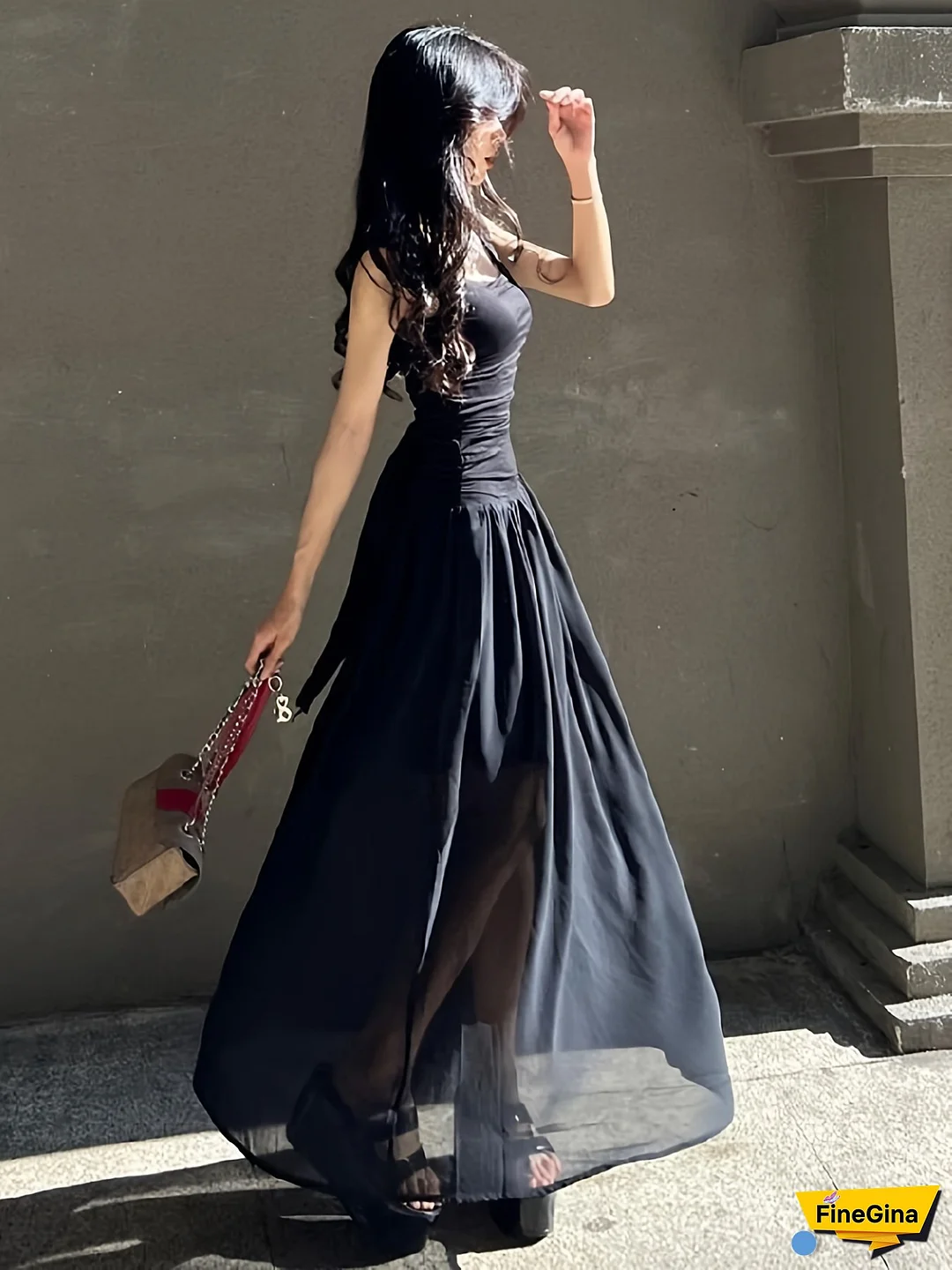 Women's Summer Long Cami Dress Black Square Neck Smocked Waist Flowy Hem Mesh Dress