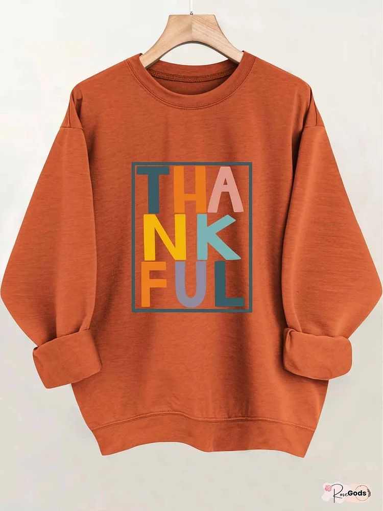 Women's THANKFUL Sweatshirt - Gray Thanksgiving Pullover with Orange & Purple Lettering, Medium Stretch Crewneck Sweater for Fall, Everyday & Holiday Outfits - Machine Washable Casual Top, Thanksgiving Sweatshirt, Grateful Theme Apparel, Fall Fashion