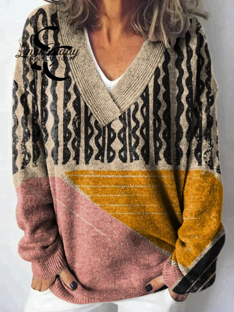Abstract Print Art Knit V-neck Pullover Sweater