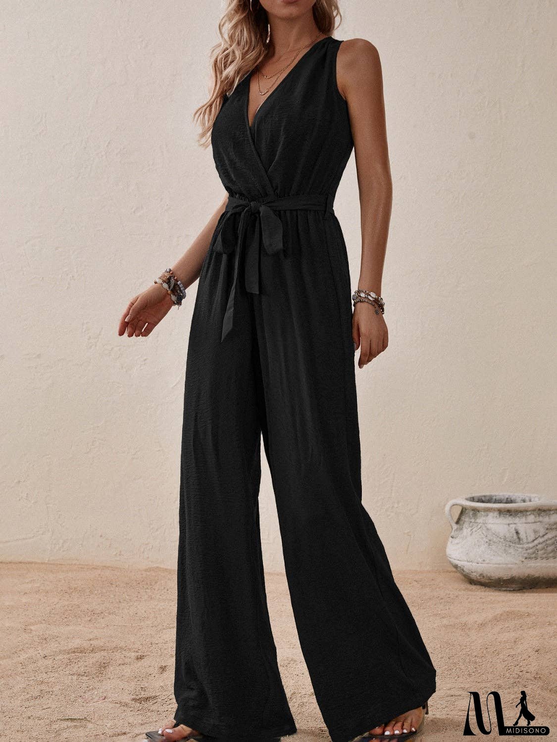 Tied Surplice Sleeveless Wide Leg Jumpsuit