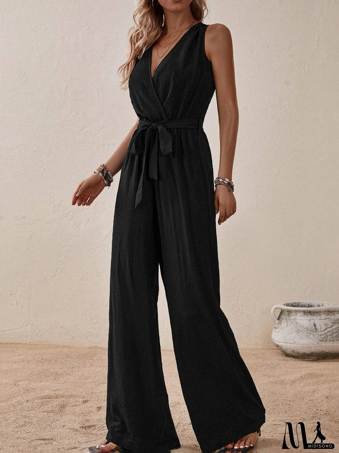 Tied Surplice Sleeveless Wide Leg Jumpsuit