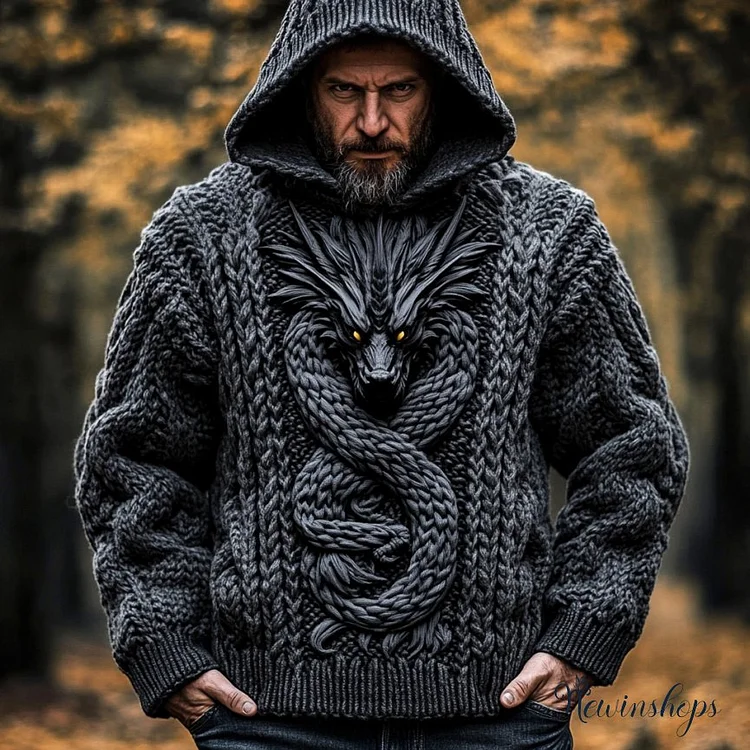 Men's Viking Tribal Dragon Celtic Knot Art Jacquard Chunky Knitted Cozy Hooded Sweater