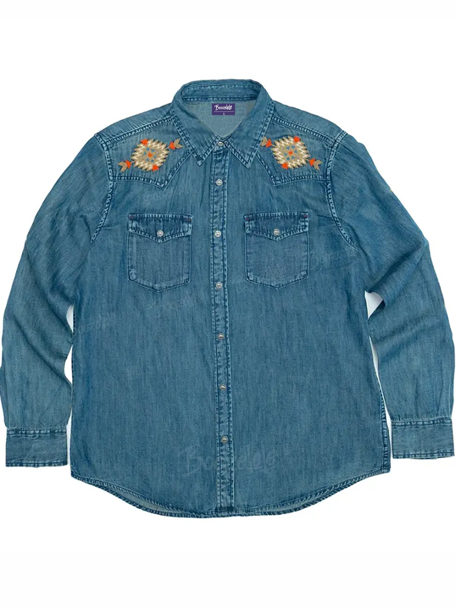 【Embroidery】American Vintage Style Embroidered Western Cowboy Style Washed And Distressed Slim-Fit Men'S Thick Denim Shirt