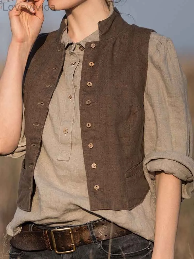 Women's Solid Color Linen Blend Vintage Vest