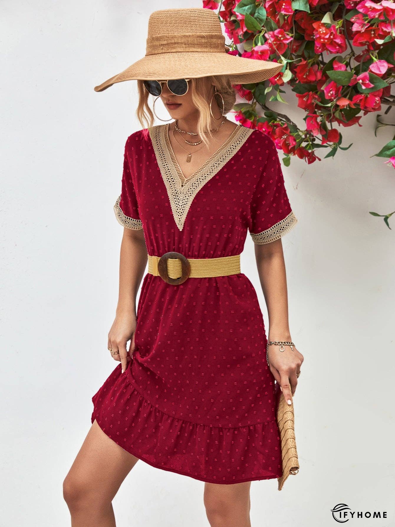 Contrast V-Neck Short Sleeve Mini Dress | IFYHOME