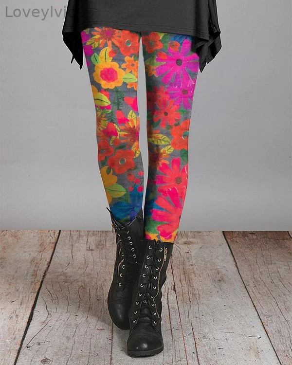 Retro Bohemian Floral Print Casual Leggings