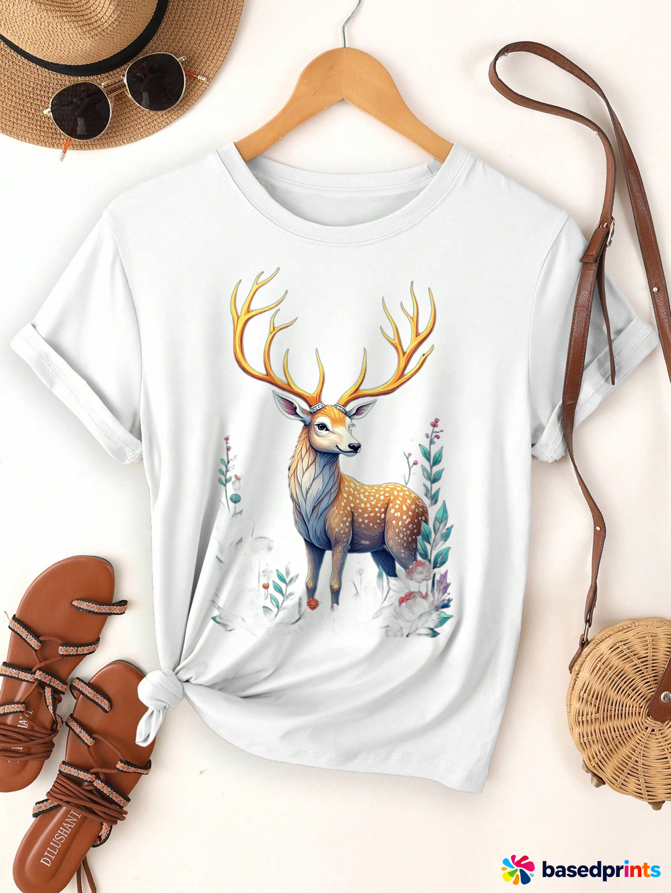 White Deer Graphic Tee T-Shirt Women Casual Short Sleeve Tops