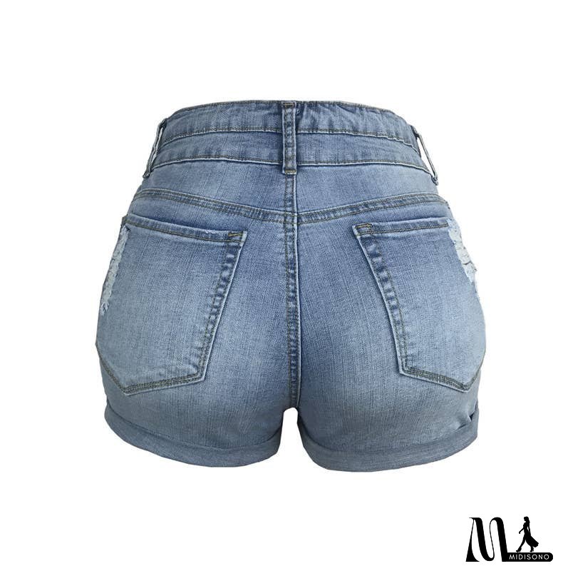 Women's Ripped Hem Elastic High Waist Denim Shorts