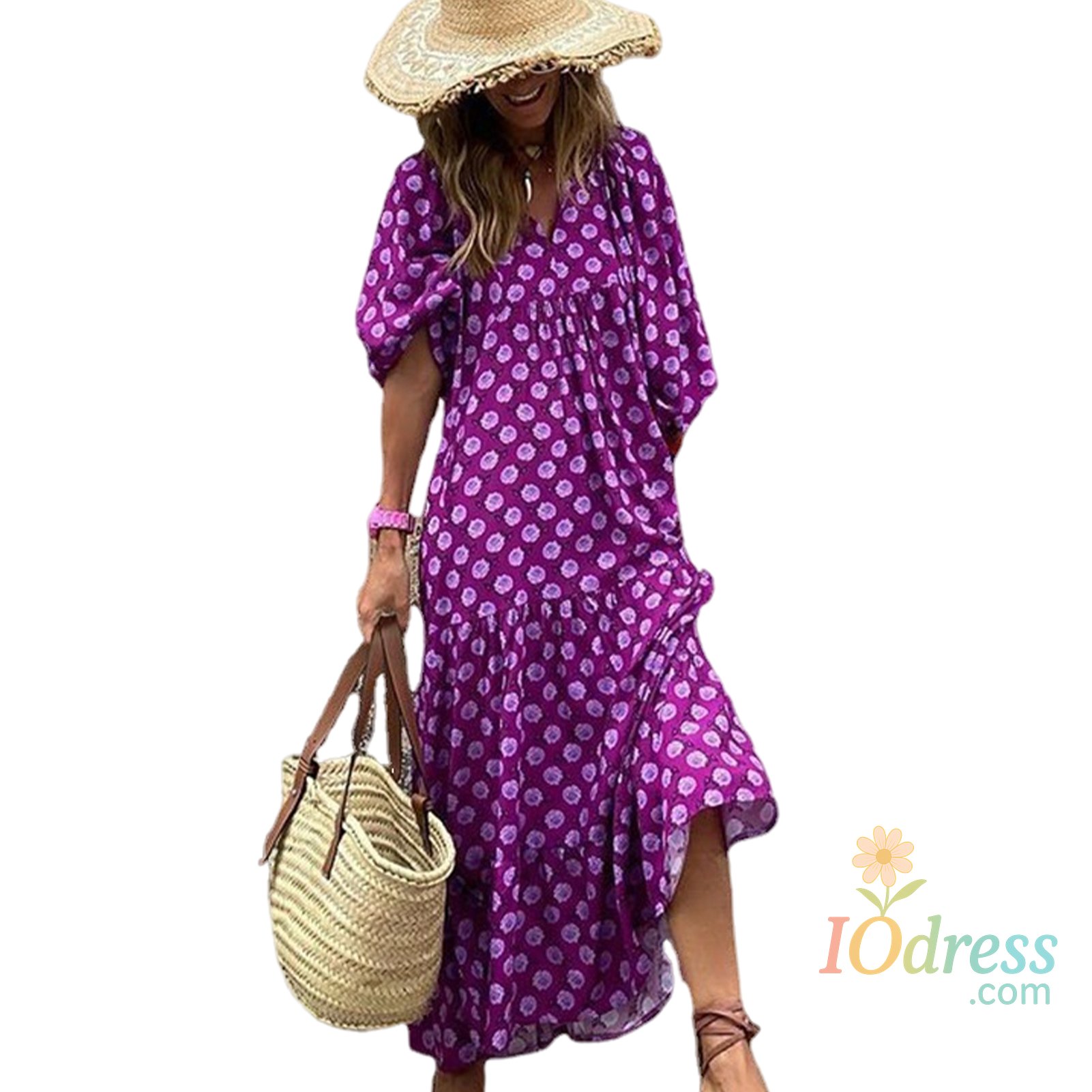IO Dress Women Spring Dress Bohemian Casual Color Matching V-neck Loose Dress-up Geometric Print Lantern Sleeves Lady Maxi Dress IO Dress