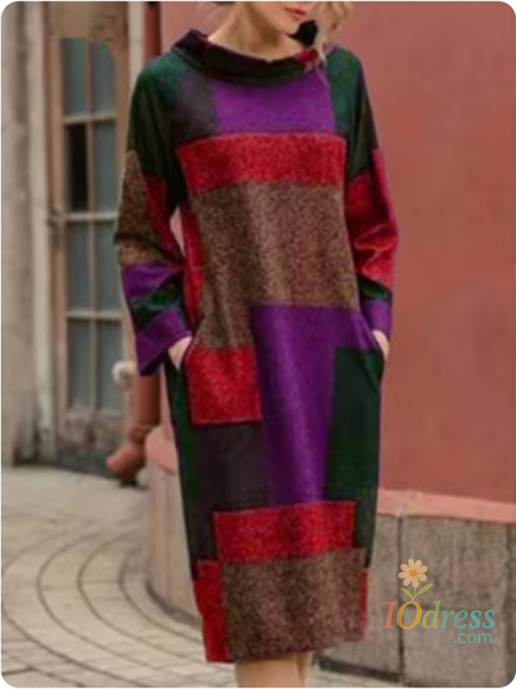 IO Dress 4 Color Autumn Semi High Neck Long Sleeved Checkered Pocket Dress Style Artistic Retro Style Women's Dress IO Dress