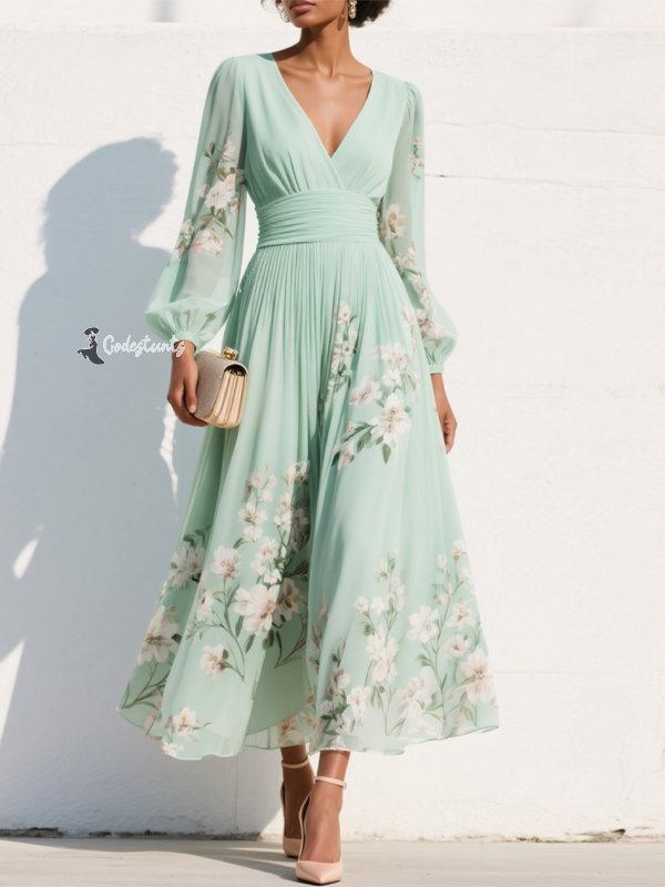 Light Green Ruched Floral Chiffon V Neck Long Sleeve Balloon Sleeve A-Line Maxi Dress