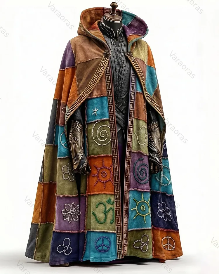 Men's Original Fashionable Comfortable Hippie Rainbow Color Print Embroidery Hand-stitched Cotton Linen Cape  2255