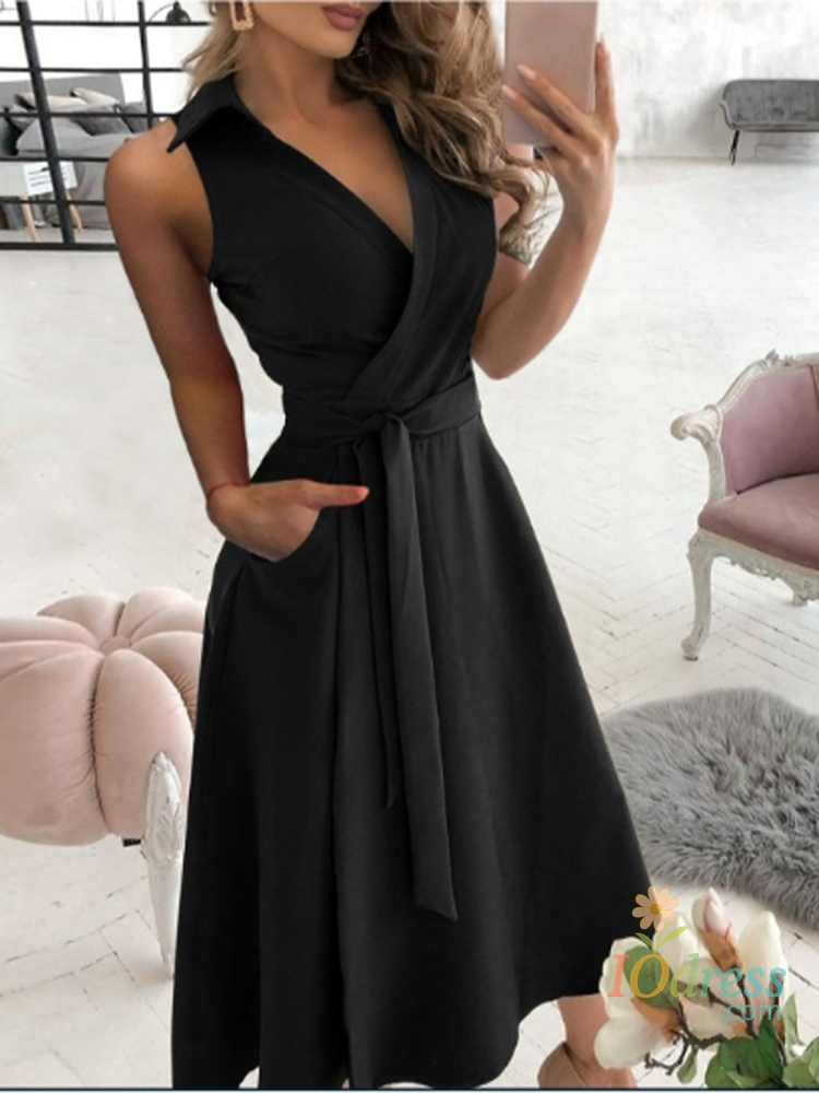 IO Dress Lace Up V-neck Short Sleeved Solid Color Pocket Women's Dress Elegant Office Fashion Commuting Style Summer Dress IO Dress